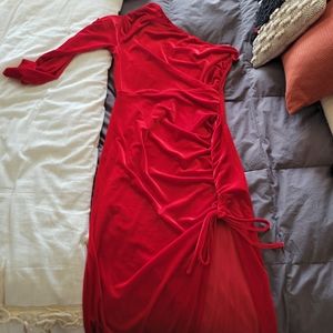 One Shoulder Long Sleeve Velvet Dress Ruched Bodycon Drawstring Split Maxi Dress